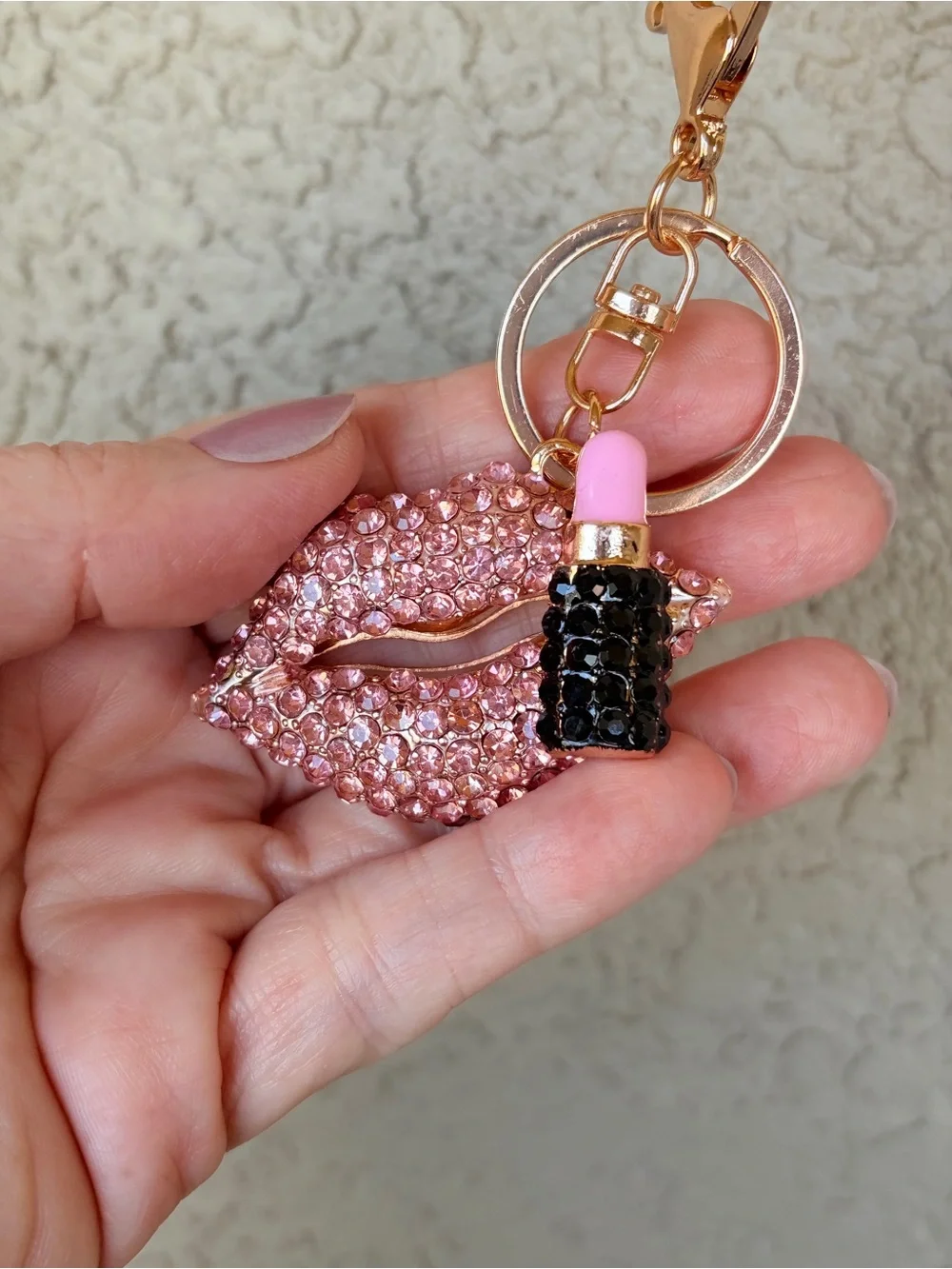 Sparkling Gold-Tone Pink Crystal Lip & Lipstick Keychain